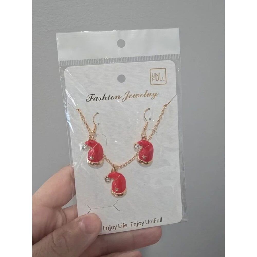 Christmas Santa Hat Necklace & Earrings Jewelry Set – New